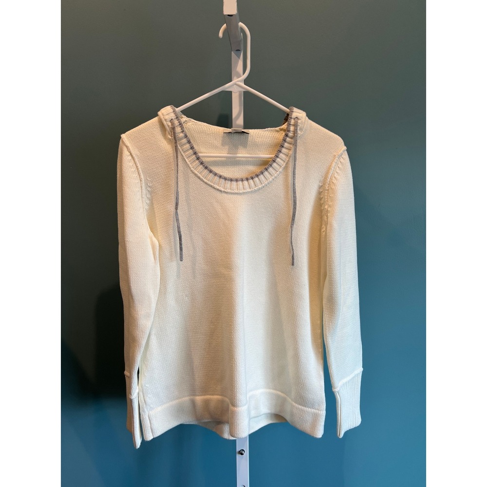 Ann Taylor Loft Sweater Women L Cream Hooded Pullover 100% Cotton Grey Trim